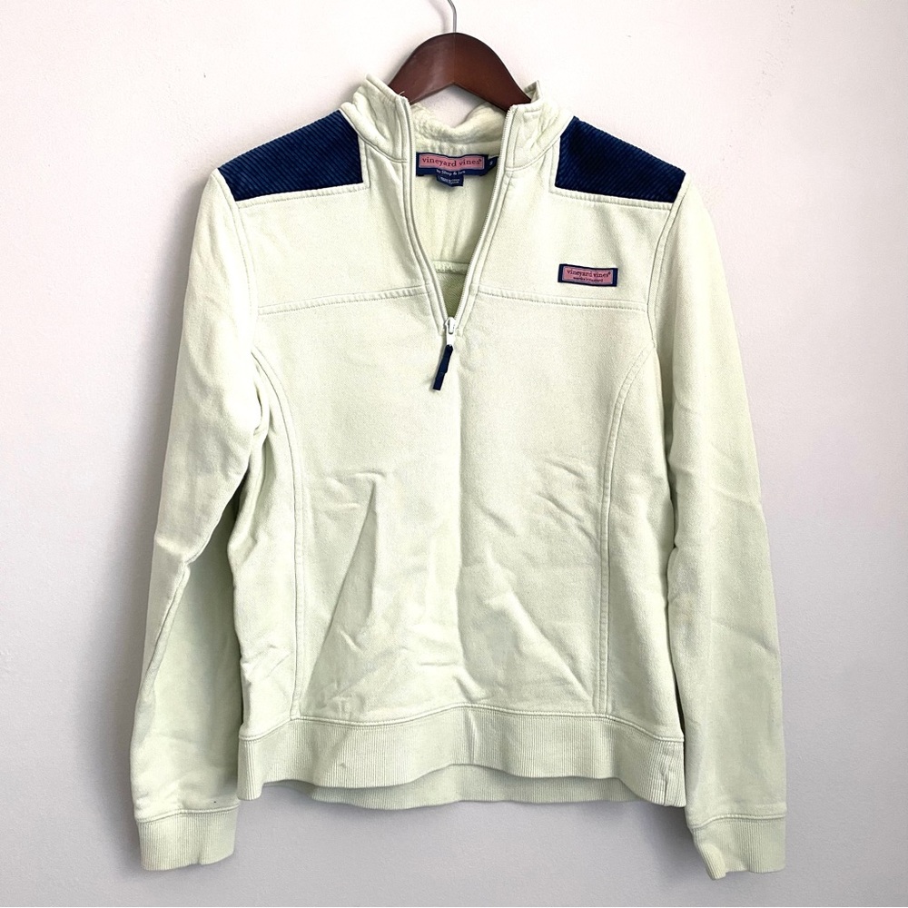 VINEYARD VINES Womens Small Light Mint Green Navy 1/4 Zip Step Shirt Sweater HH8